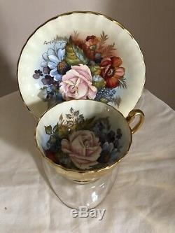 Vintage Aynsley Cabbage Rose Floral Gold Tea Cup Saucer Signed Bailey