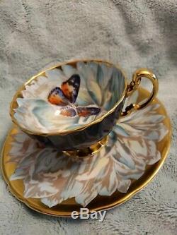 Vintage Aynsley China Cup & Saucer Colorful Chrysanthemum Butterfly & Gold