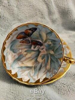 Vintage Aynsley China Cup & Saucer Colorful Chrysanthemum Butterfly & Gold