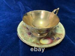 Vintage Aynsley Hand Painted Orchard Gold Fruit Cup & Saucer N. Brunt & D. Jones