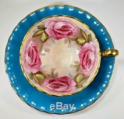 Vintage Aynsley Pink Cabbage Roses Turquoise Cup & Saucer Gold Gilt