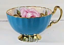 Vintage Aynsley Pink Cabbage Roses Turquoise Cup & Saucer Gold Gilt