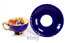 Vintage Aynsley Tea Cup Saucer Orchard Gold Deep Blue Circa 1960s