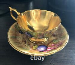 Vintage Aynsley cup saucer Fruit Signed D. Jones Gold Bone China