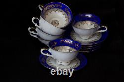 Vintage Bareuther Waldsassen Germany Bavaria blue gold 6 coffee cups & saucers
