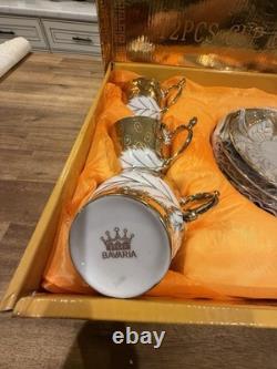 Vintage Bavaria Germany Porcelain 22K Gold Gilded Tea Cup Set Of 12 Pieces NIB