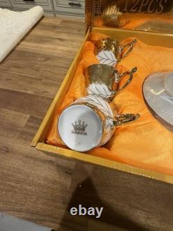 Vintage Bavaria Germany Porcelain 22K Gold Gilded Tea Cup Set Of 12 Pieces NIB