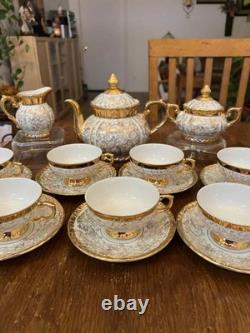 Vintage Bavaria Porcelain Tea Set 17 Pc Gold Gilt Floral Cups Saucers Teapot Ex