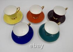 Vintage Bone China Teacup Saucer Set Multicolor Gold Trim Cups Lot of 5 Retro
