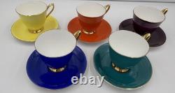 Vintage Bone China Teacup Saucer Set Multicolor Gold Trim Cups Lot of 5 Retro
