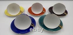 Vintage Bone China Teacup Saucer Set Multicolor Gold Trim Cups Lot of 5 Retro
