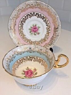 Vintage China Tea Cup & Saucer HARLEQUIN Pink Blue Gold Chintz Rose Gilt AYNSLEY