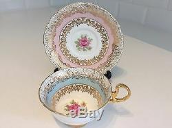 Vintage China Tea Cup & Saucer HARLEQUIN Pink Blue Gold Chintz Rose Gilt AYNSLEY