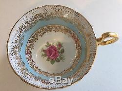 Vintage China Tea Cup & Saucer HARLEQUIN Pink Blue Gold Chintz Rose Gilt AYNSLEY