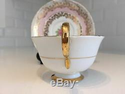 Vintage China Tea Cup & Saucer HARLEQUIN Pink Blue Gold Chintz Rose Gilt AYNSLEY