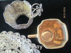 Vintage Chinese Handmade Sterling Silver Filigree Gold Cup & Saucer
