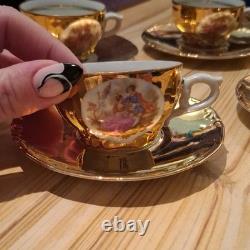 Vintage Continental Porcelain Gilt Coffee/ Tea Cups And Saucers Set Of 6 1950s+