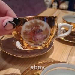 Vintage Continental Porcelain Gilt Coffee/ Tea Cups And Saucers Set Of 6 1950s+