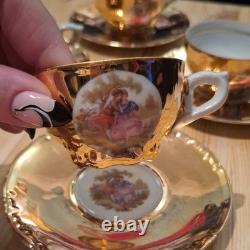 Vintage Continental Porcelain Gilt Coffee/ Tea Cups And Saucers Set Of 6 1950s+