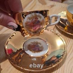 Vintage Continental Porcelain Gilt Coffee/ Tea Cups And Saucers Set Of 6 1950s+