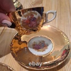 Vintage Continental Porcelain Gilt Coffee/ Tea Cups And Saucers Set Of 6 1950s+