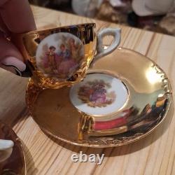Vintage Continental Porcelain Gilt Coffee/ Tea Cups And Saucers Set Of 6 1950s+