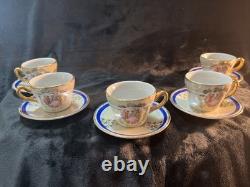 Vintage Demitasse 5 Cups & Saucers Creamer Sugar Bowl Tea PotRoyal Blu& Gold