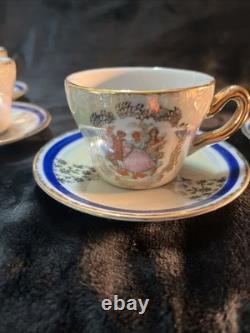 Vintage Demitasse 5 Cups & Saucers Creamer Sugar Bowl Tea PotRoyal Blu& Gold