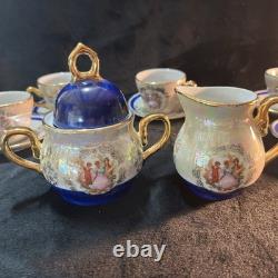 Vintage Demitasse 5 Cups & Saucers Creamer Sugar Bowl Tea PotRoyal Blu& Gold
