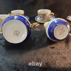 Vintage Demitasse 5 Cups & Saucers Creamer Sugar Bowl Tea PotRoyal Blu& Gold