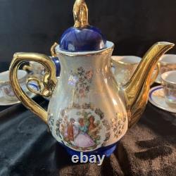Vintage Demitasse 5 Cups & Saucers Creamer Sugar Bowl Tea PotRoyal Blu& Gold