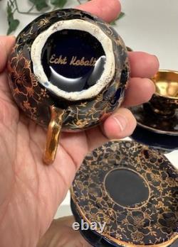 Vintage Echt Kobalt J. K. W. Gold Bavaria Demitasse Cups & Saucers- 11 pieces +lid