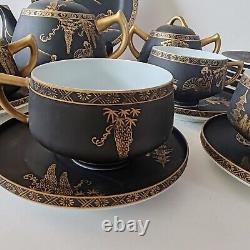 Vintage Eiho Japanese Hand Painted Coffee Tea Set Black and Gold 17 Pieces