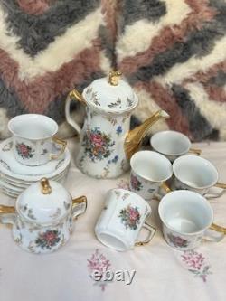 Vintage Gold Gilt Floral Tea Set Teapot, Sugar Pot, 6 Cups & 6 Saucers