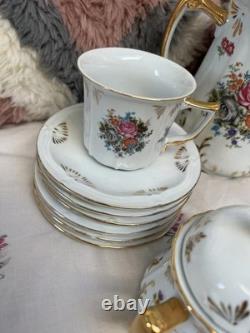 Vintage Gold Gilt Floral Tea Set Teapot, Sugar Pot, 6 Cups & 6 Saucers