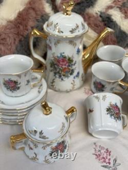 Vintage Gold Gilt Floral Tea Set Teapot, Sugar Pot, 6 Cups & 6 Saucers
