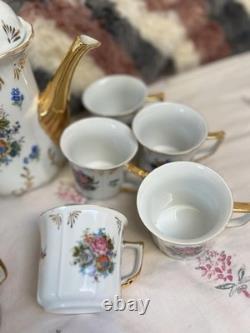 Vintage Gold Gilt Floral Tea Set Teapot, Sugar Pot, 6 Cups & 6 Saucers