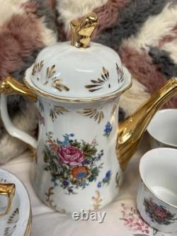 Vintage Gold Gilt Floral Tea Set Teapot, Sugar Pot, 6 Cups & 6 Saucers