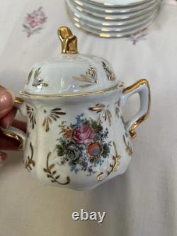 Vintage Gold Gilt Floral Tea Set Teapot, Sugar Pot, 6 Cups & 6 Saucers