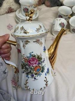 Vintage Gold Gilt Floral Tea Set Teapot, Sugar Pot, 6 Cups & 6 Saucers