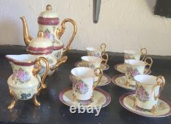 Vintage Gold Plated Tea Set with Six Cups & Saucers Cream Pitcher and Sugar Bowl