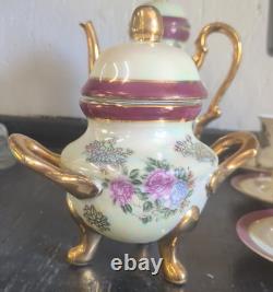 Vintage Gold Plated Tea Set with Six Cups & Saucers Cream Pitcher and Sugar Bowl