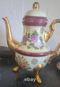 Vintage Gold Plated Tea Set with Six Cups & Saucers Cream Pitcher and Sugar Bowl