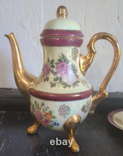 Vintage Gold Plated Tea Set with Six Cups & Saucers Cream Pitcher and Sugar Bowl