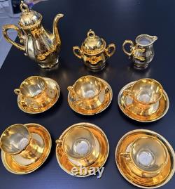 Vintage Gold Porcelain Tea Set Musical Teapot Cups Saucers 17 Pc Set