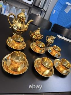 Vintage Gold Porcelain Tea Set Musical Teapot Cups Saucers 17 Pc Set