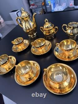 Vintage Gold Porcelain Tea Set Musical Teapot Cups Saucers 17 Pc Set