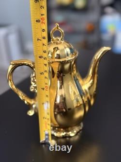 Vintage Gold Porcelain Tea Set Musical Teapot Cups Saucers 17 Pc Set