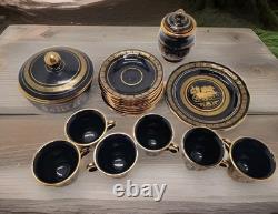 Vintage Greek black and 24k gold demitasse coffee set