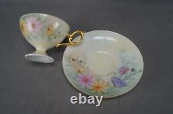 Vintage Hand Painted Purple Pink Yellow Floral & Gold Pedestal Tea Cup & Saucer
